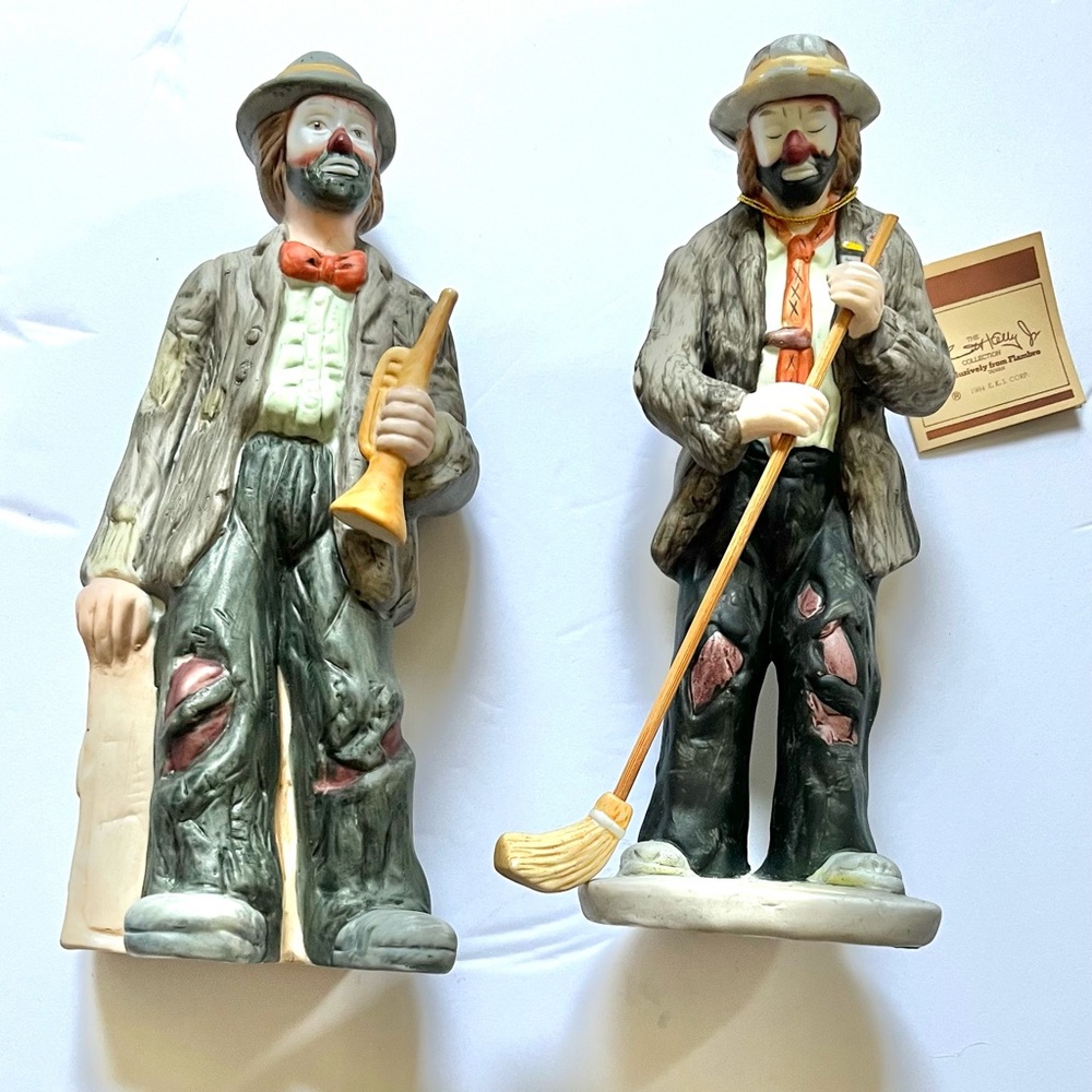 Vintage 80’s Emmitt Kelley clown figurines Flambro Taiwan trumpet player sweeper
